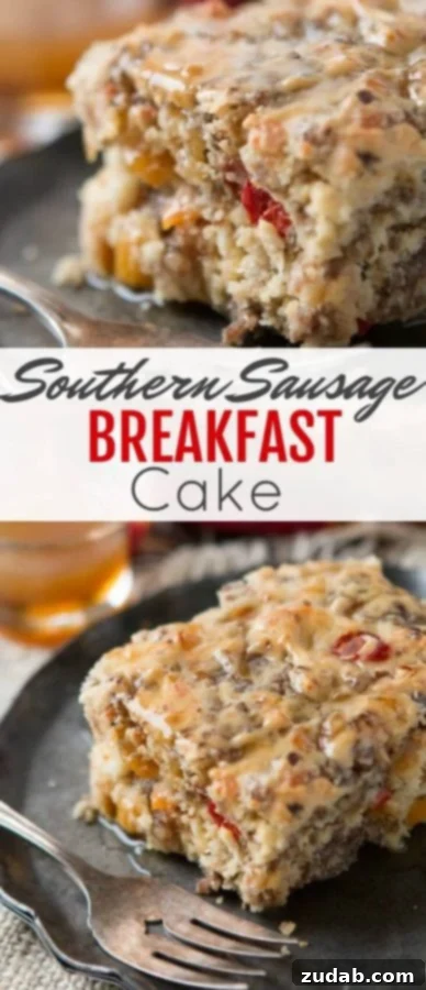 Southern Sausage Breakfast Cake Ready to Serve A full view of the Southern Sausage Breakfast Cake, sliced and ready for serving.
