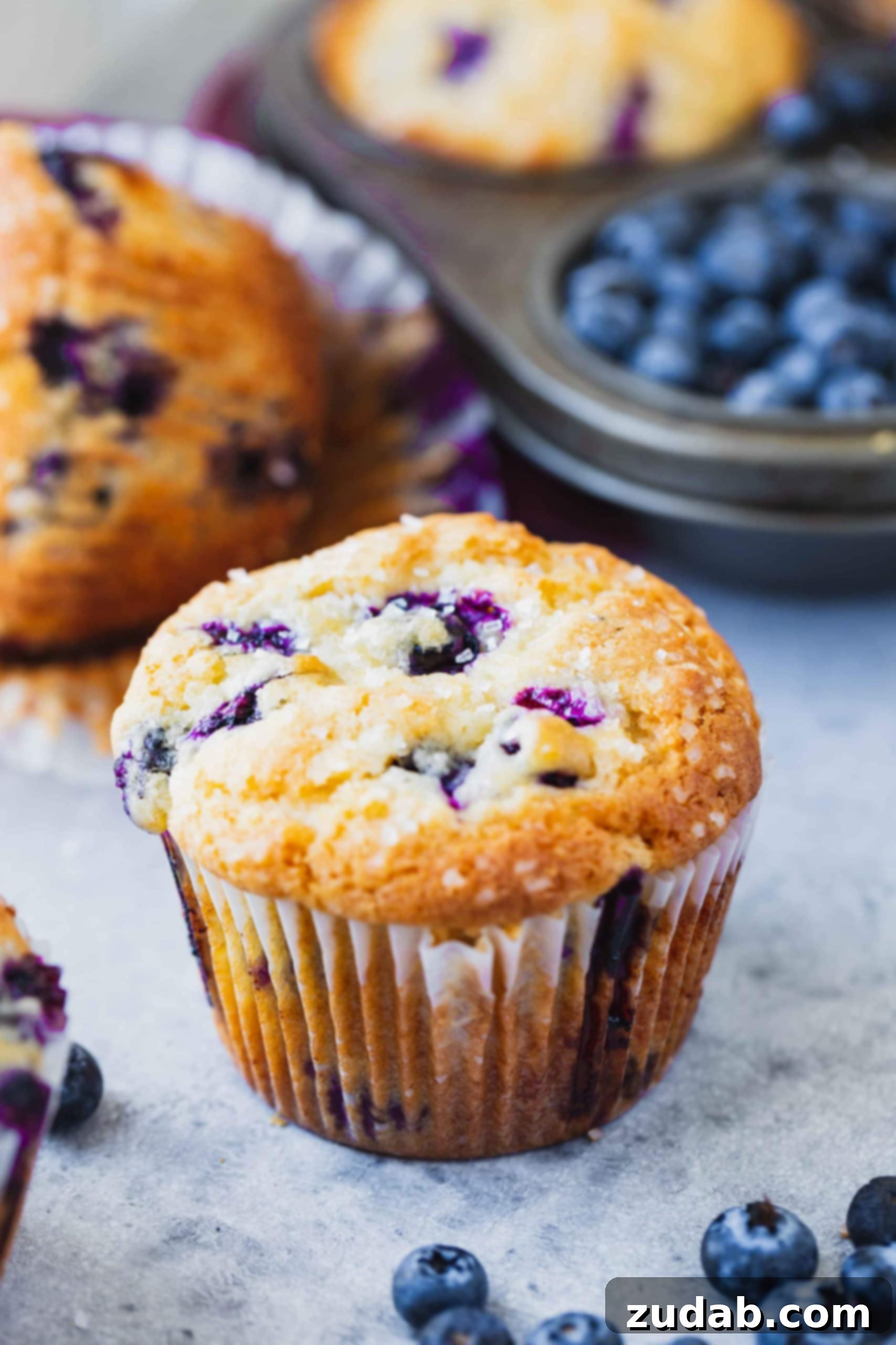 Two blueberry muffins that are baked to a golden brown and are packed with blueberries. A pan full of blueberries is in the background.