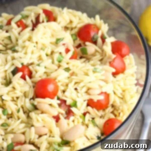 Beautiful Lemon Orzo Pasta Salad prepared fresh, ready for serving.