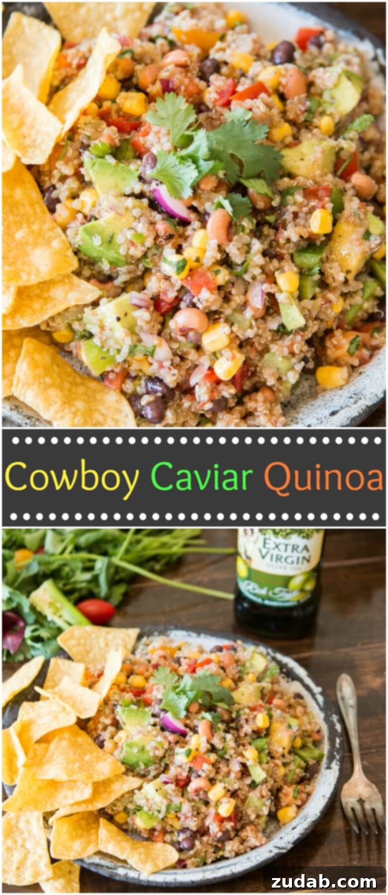 Serve Your Cowboy Caviar Quinoa Fresh A large, vibrant serving bowl of Cowboy Caviar Quinoa ready to be served, highlighting its fresh ingredients and inviting appeal for a healthy meal.