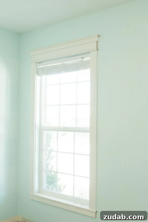 Detail of Alabaster wall paint and bright white trim in the new office. Close-up of freshly painted walls in Sherwin-Williams Alabaster with crisp white trim.