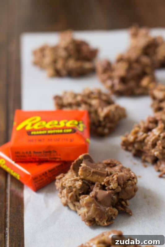 Reese's Peanut Butter Krispies Treats 8 Close-up of Cocoa Reese's Krispies, showcasing rich brown treats studded with peanut butter cups and chocolate, offering a double chocolate experience.