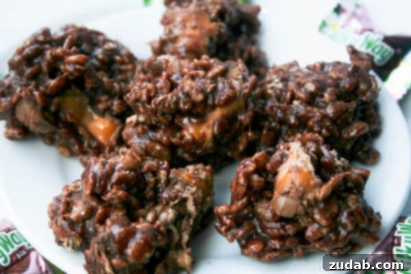 Reese's Peanut Butter Krispies Treats 9 A beautifully arranged plate of Milky Way-Nutella Rice Krispies, showcasing the rich chocolate and caramel swirls within the crispy cereal treats.