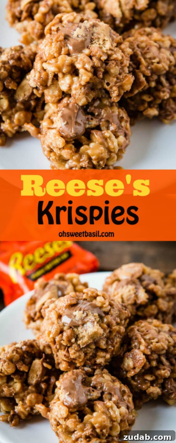 Reese's Peanut Butter Krispies Treats 5 An overhead shot of a large batch of Reese's Krispies, freshly made and set on a baking sheet, with more peanut butter cups scattered on top.