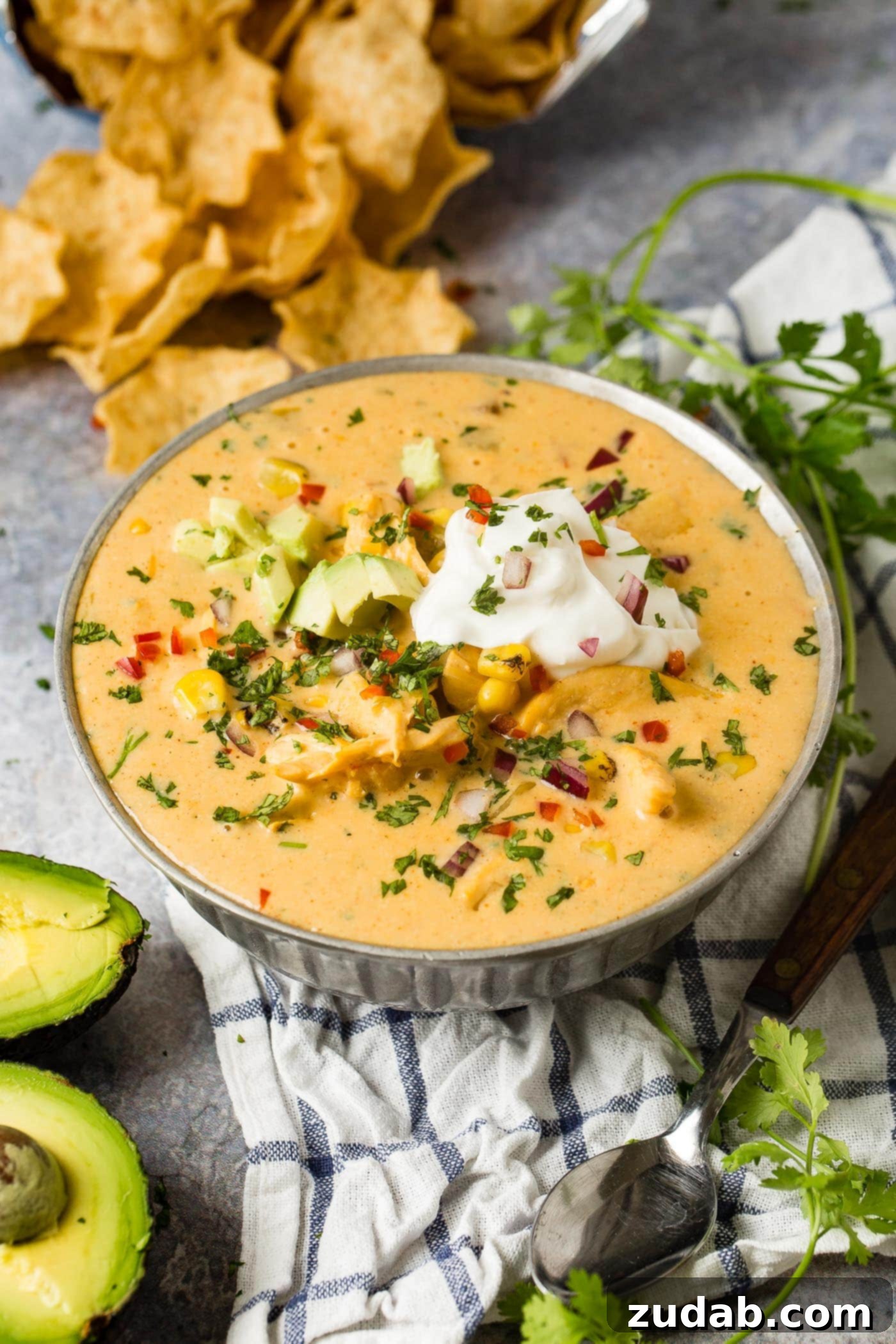 Hearty Cheesy Southwestern Chicken Tortilla Soup 6 A steaming bowl of cheesy chicken tortilla soup, garnished with sour cream and avocado, ready for a delicious meal.
