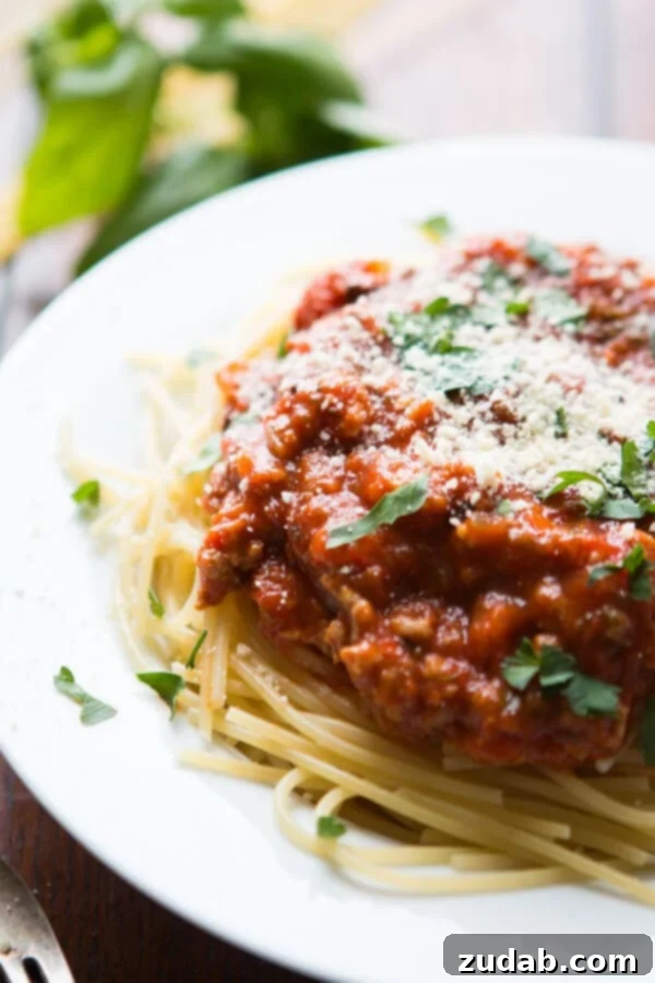 Discover the secret to the most delicious homemade spaghetti sauce recipe – a timeless family favorite perfected over the years. Best homemade spaghetti sauce gracefully layered atop al dente pasta on a white plate, finished with freshly grated Parmesan and vibrant chopped parsley.