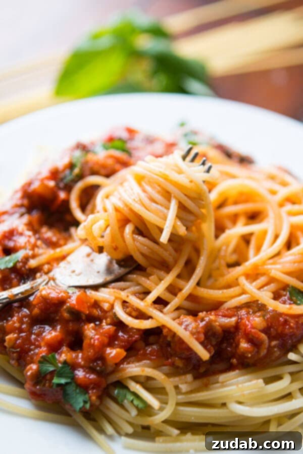 Discover the secret to the most delicious homemade spaghetti sauce recipe – a timeless family favorite perfected over the years. Homemade pasta sauce generously coating spaghetti noodles on a white plate, ready to be enjoyed.