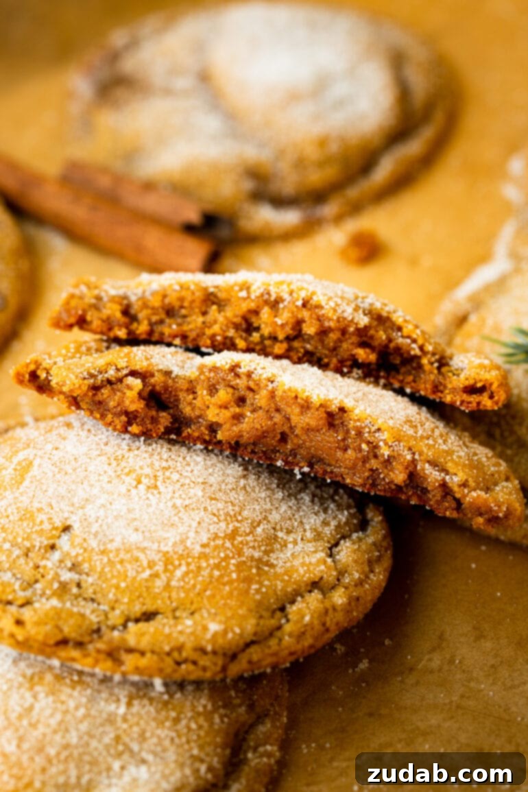 Classic Spiced Molasses Cookies 3 A photo of a stack of chewy molasses cookies with two broken in half, showing the tender middle