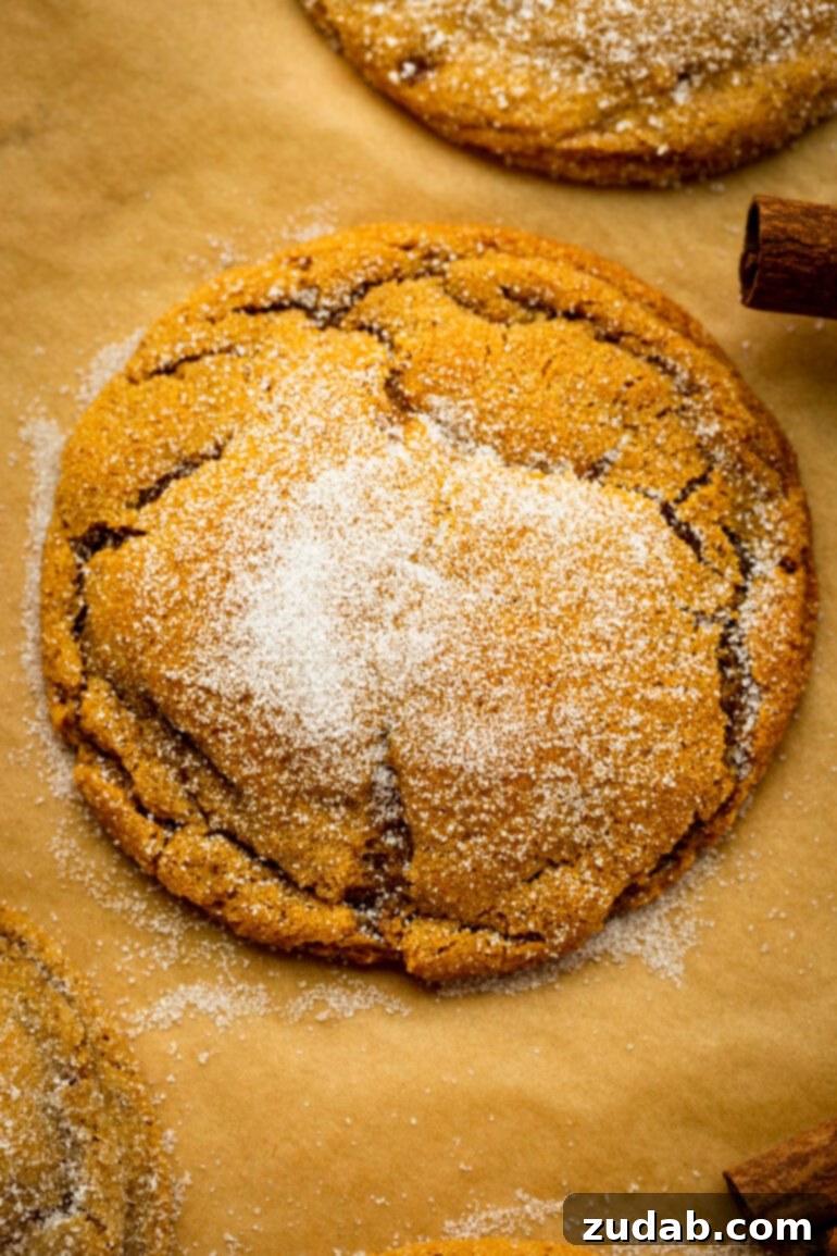 Classic Spiced Molasses Cookies 5 A photo taken over the top of a large thick and chewy molasses molasses cookie topped with sugar and those signature cracks