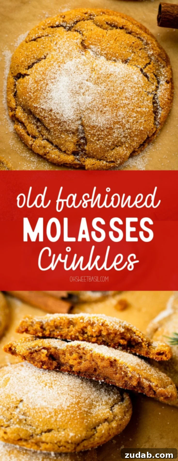 Classic Spiced Molasses Cookies 8 A photo of a stack of chewy molasses cookies with two broken in half, showing the tender middle
