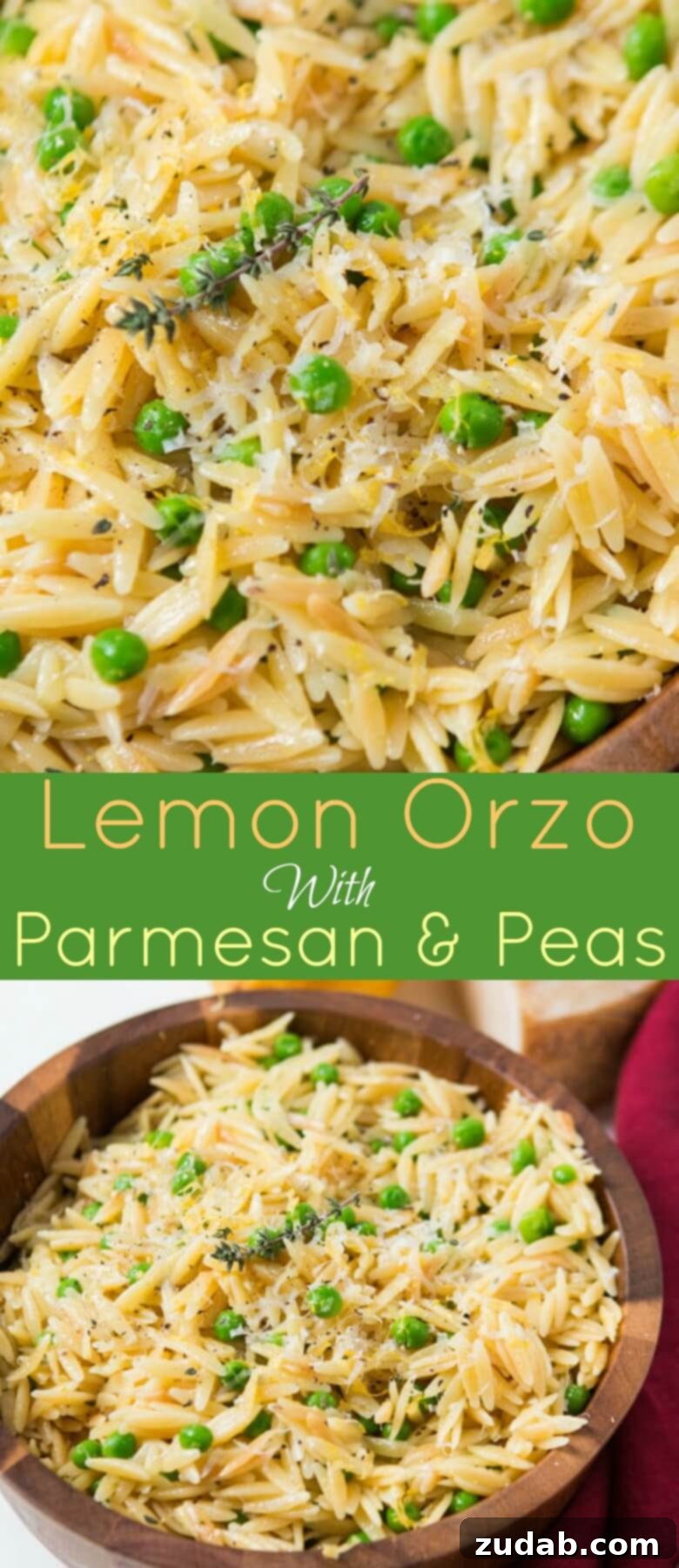 Zesty Lemon Orzo with Peas and Parmesan 3 photo collage - Delicious lemon orzo with parmesan and peas in a wooden bowl.