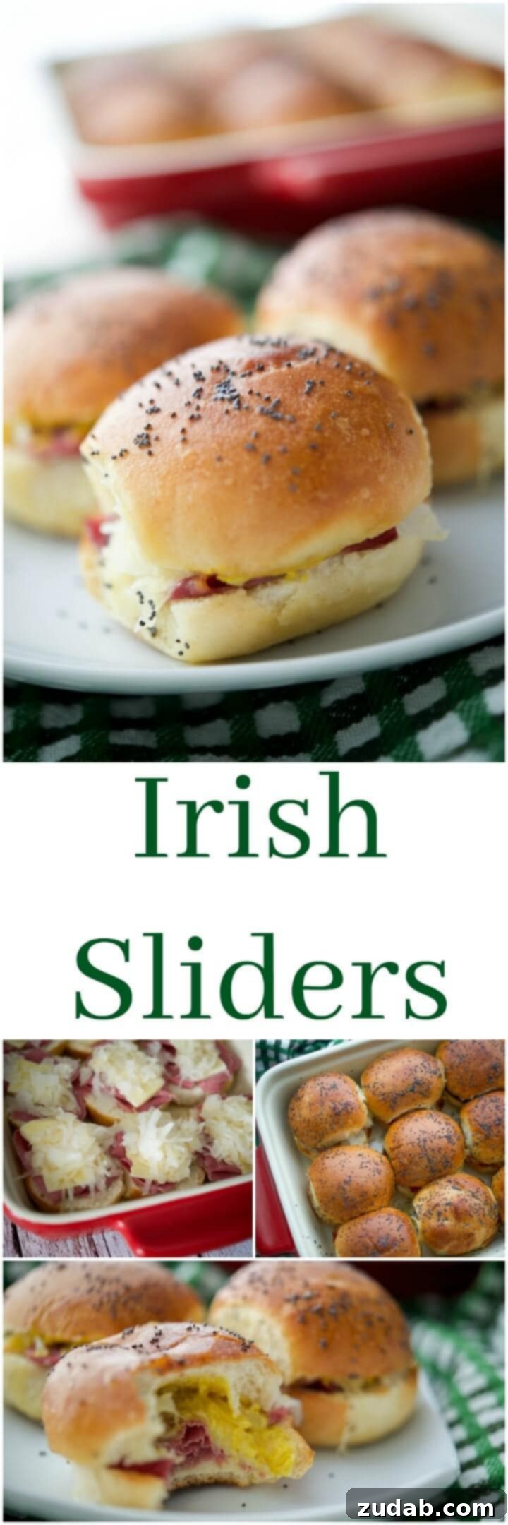 Golden Irish Melt Sliders 3 These Cheesy Irish Sliders made with corned beef, Dubliner Irish cheese, sauerkraut & Irish mustard on potato slider rolls are a must have!