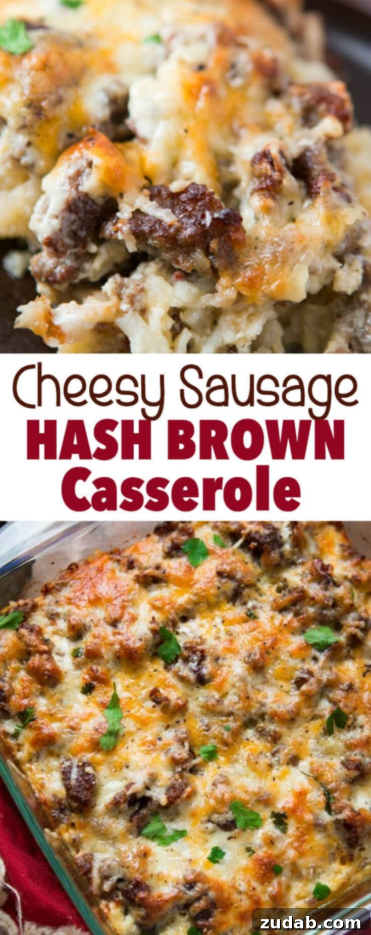 Cheesy Sausage and Hash Brown Breakfast Bake 2 A beautifully presented cheesy hash brown sausage breakfast casserole, ready to be enjoyed as a hearty and delicious meal.