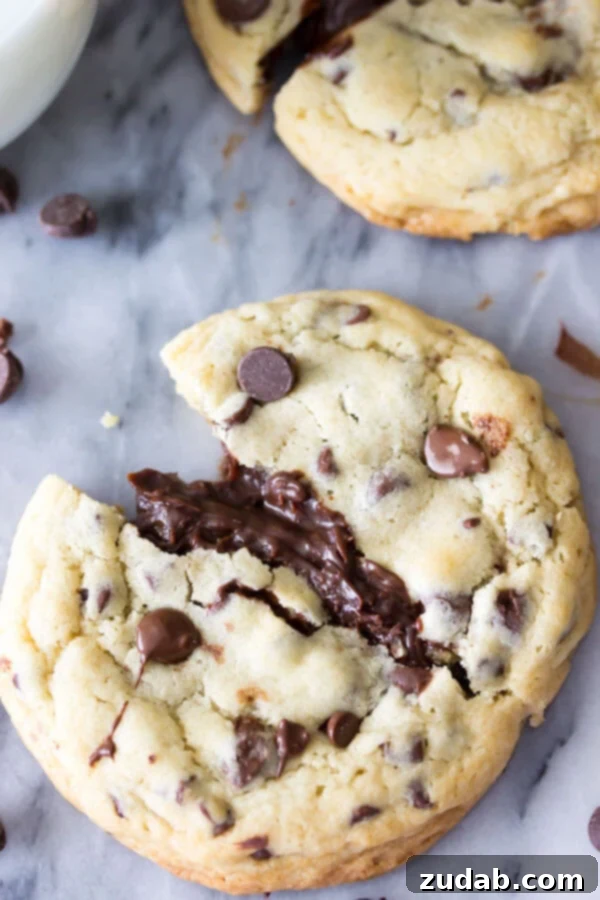 Irresistibly Melty Fudge Inside Every Cookie A close-up of a fudge filled chocolate chip cookie cracked open down the middle, showcasing the perfectly melty, creamy fudge filling.