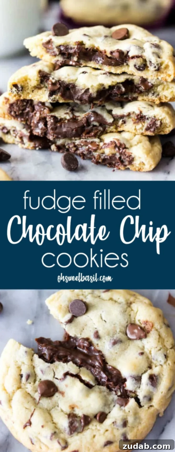 Fudge Lava Chocolate Chip Cookies 3 A stack of golden-baked fudge filled chocolate chip cookies, ready to be devoured.