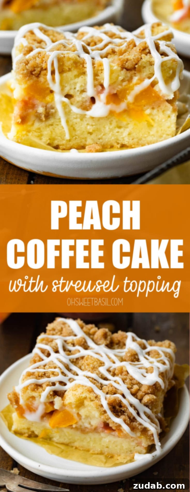 Peach Streusel Coffee Cake 9 a photo of a large piece of peach coffee cake sitting on a small dessert plate and topped with a crunchy cinnamon streusel topping and a vanilla glaze drizzled all over the top.