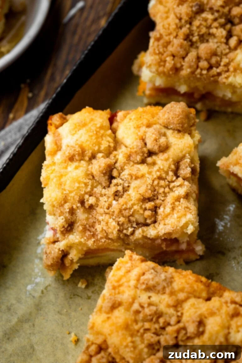 Peach Streusel Coffee Cake 6 a photo of a piece of peach coffee cake with a cinnamon streusel topping