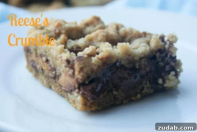 Reese's Peanut Butter Crumble 2 Close-up of golden-brown Reese's Crumble Bars, showcasing the texture of the oatmeal crumble and melted chocolate