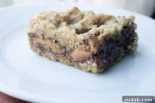 Reese's Peanut Butter Crumble 3 A sliced Reese's Crumble Bar, revealing the layers of crumble, chocolate chips, and peanut butter cups