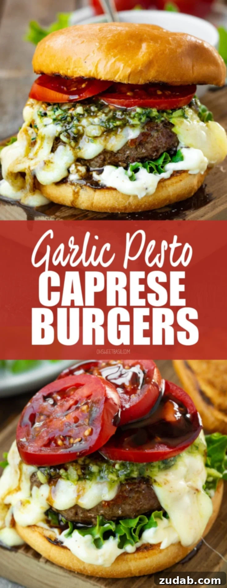 Aromatic Caprese Pesto Burgers 9 A vibrant, close-up shot of a perfectly plated garlic pesto caprese burger, ready to be enjoyed. The textures and colors of the melted cheese, fresh tomatoes, and green pesto are prominent.