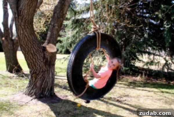 Peanut Butter Chocolate Chip Perfection 3 Kids playing on a tire swing in a spacious backyard.