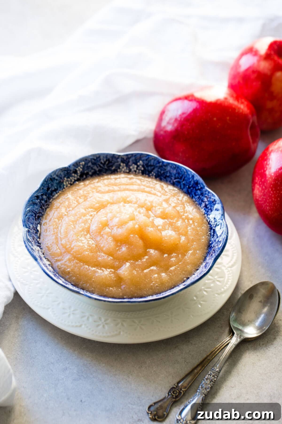 Easy 2-Ingredient Instant Pot Applesauce 4 A bowl of Instant Pot applesauce sits next to fresh, ripe apples, highlighting the journey from fruit to delicious sauce.