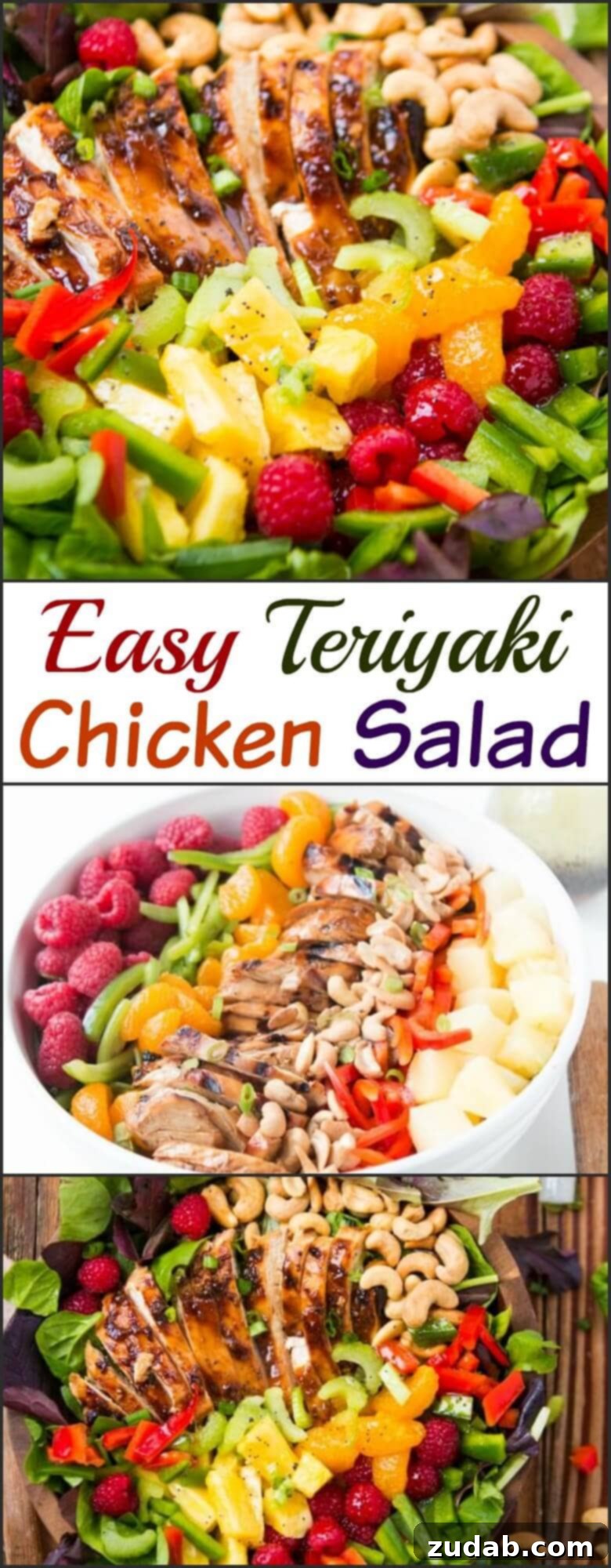 The ultimate Easy Teriyaki Chicken Salad, an effortless summer recipe featuring juicy teriyaki chicken, fresh vegetables, sweet fruits, and crunchy cashews.