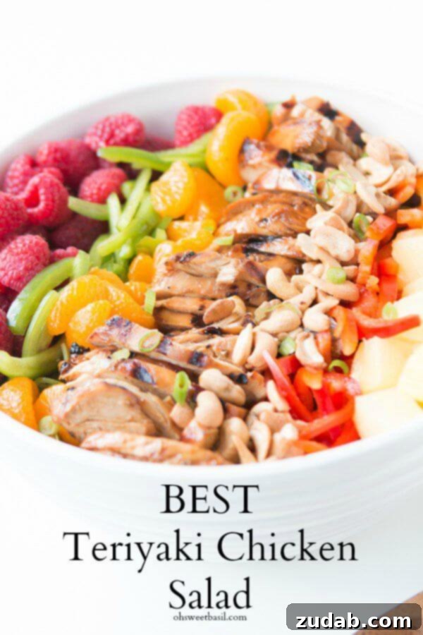 Teriyaki Chicken Salad: Effortlessly Delicious 6 Obsessed with this Teriyaki Chicken Salad! Packed with fresh greens, delicious layers of fruit and vegetables, and a delightful poppy seed dressing.