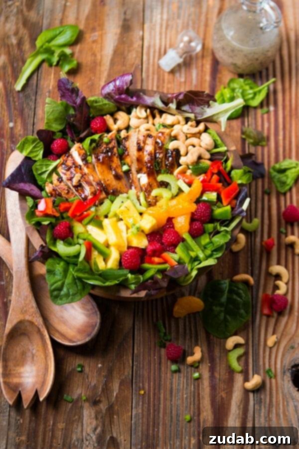 Easy Teriyaki Chicken Salad: Juicy Chicken, Veggies, Fruit & Cashews The ultimate Easy Teriyaki Chicken Salad, an effortless summer recipe featuring juicy teriyaki chicken, fresh vegetables, sweet fruits, and crunchy cashews.