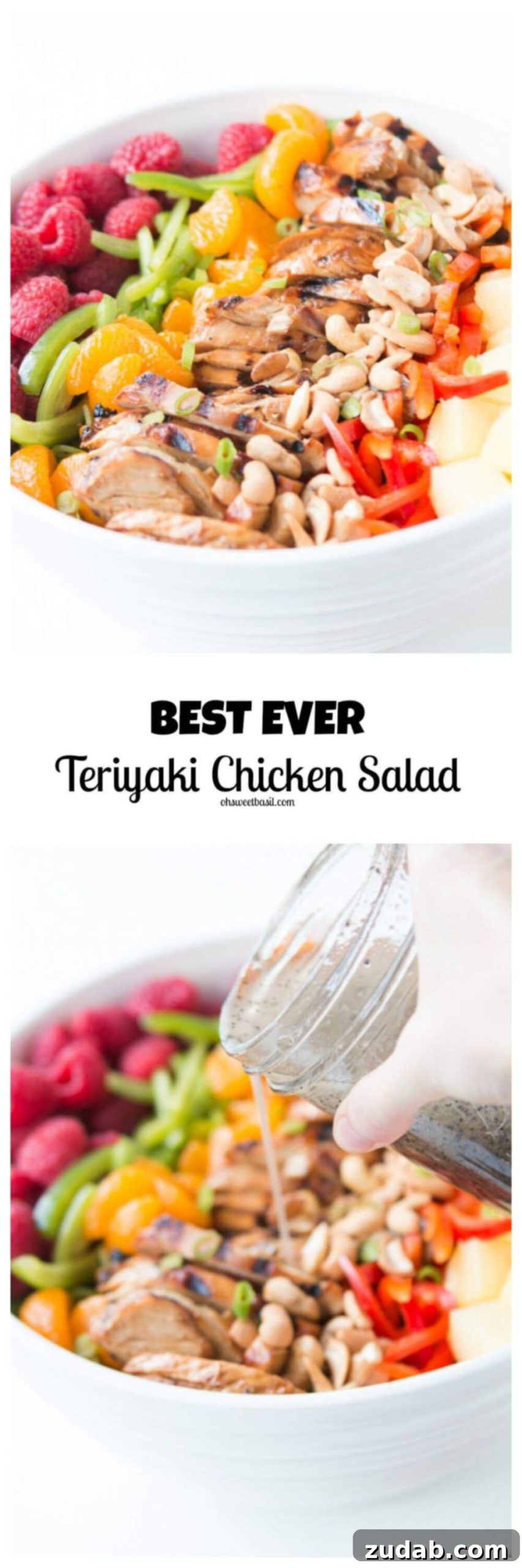 Teriyaki Chicken Salad: Effortlessly Delicious 3 A delightful teriyaki chicken salad, packed with fresh greens, layers of fruit, crisp vegetables, and a delicious poppy seed dressing.