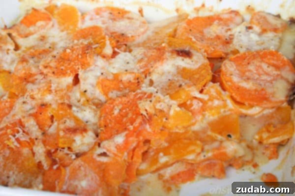 Creamy Sweet Potato and Butternut Squash Gratin 3 Delicious sweet potato and butternut squash gratin in a baking dish