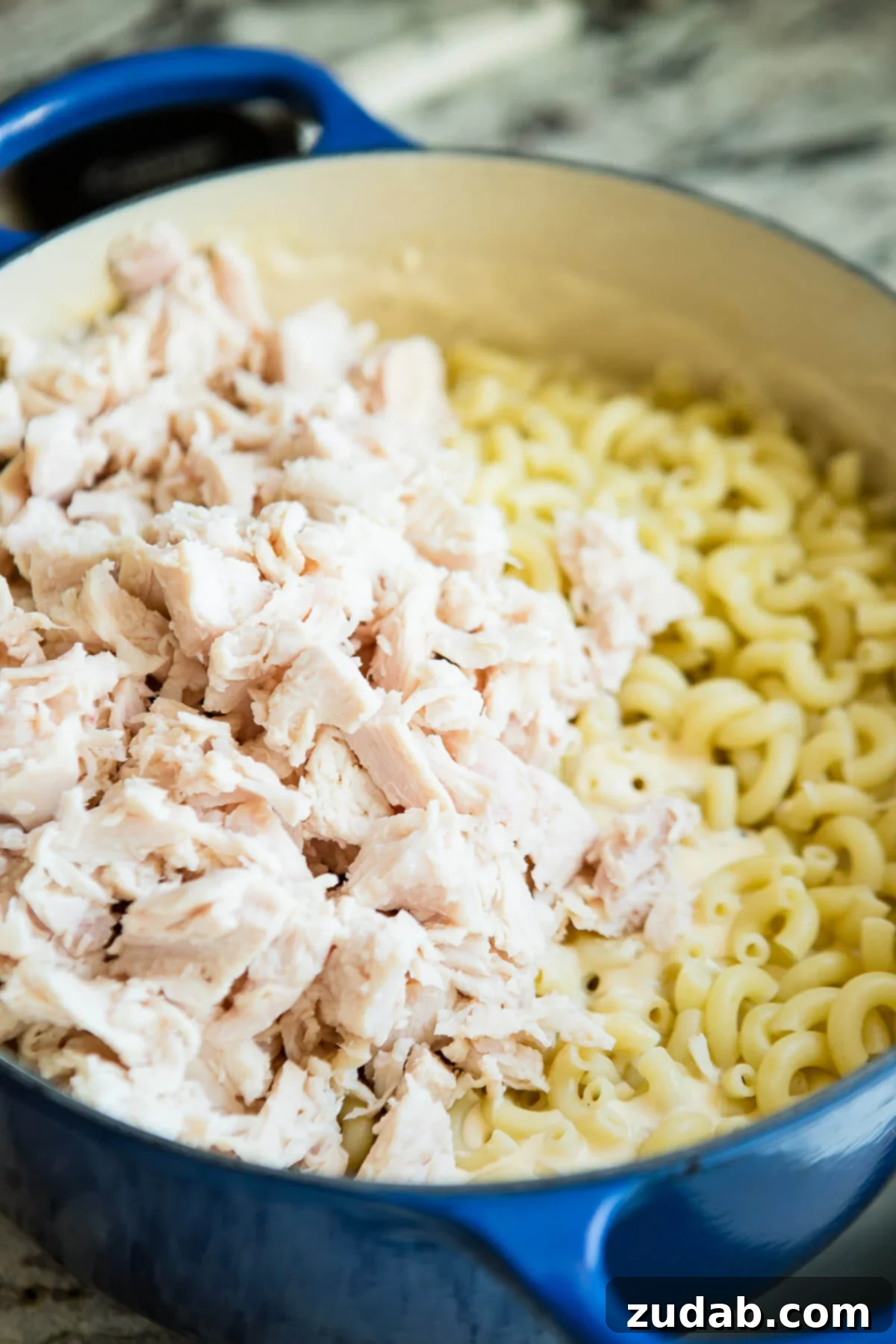 Loaded Chicken Bacon Ranch Mac and Cheese 5 cooked chicken and macaroni noodles coated in cheese sauce in a dutch oven, ready for baking