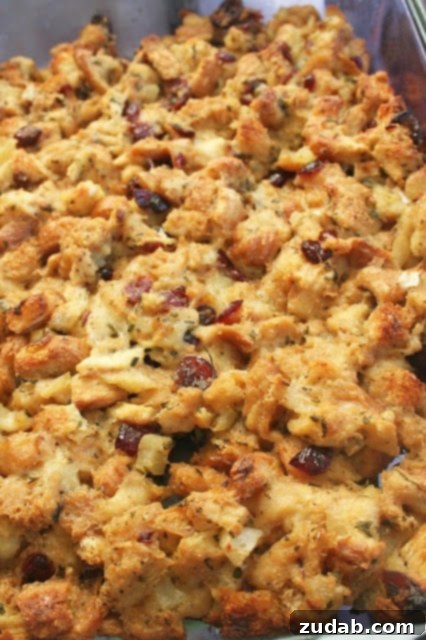 Sweet and Tangy Apple Cranberry Stuffing 2 Delicious Apple Cranberry Stuffing in a baking dish, ready to be served