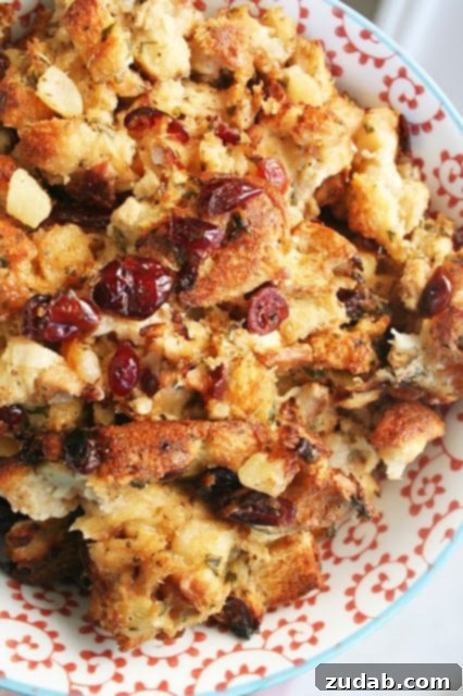 Sweet and Tangy Apple Cranberry Stuffing 3 Close-up shot of Apple Cranberry Stuffing with visible cranberries and herbs