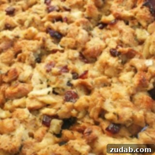 Apple Cranberry Stuffing in a square dish