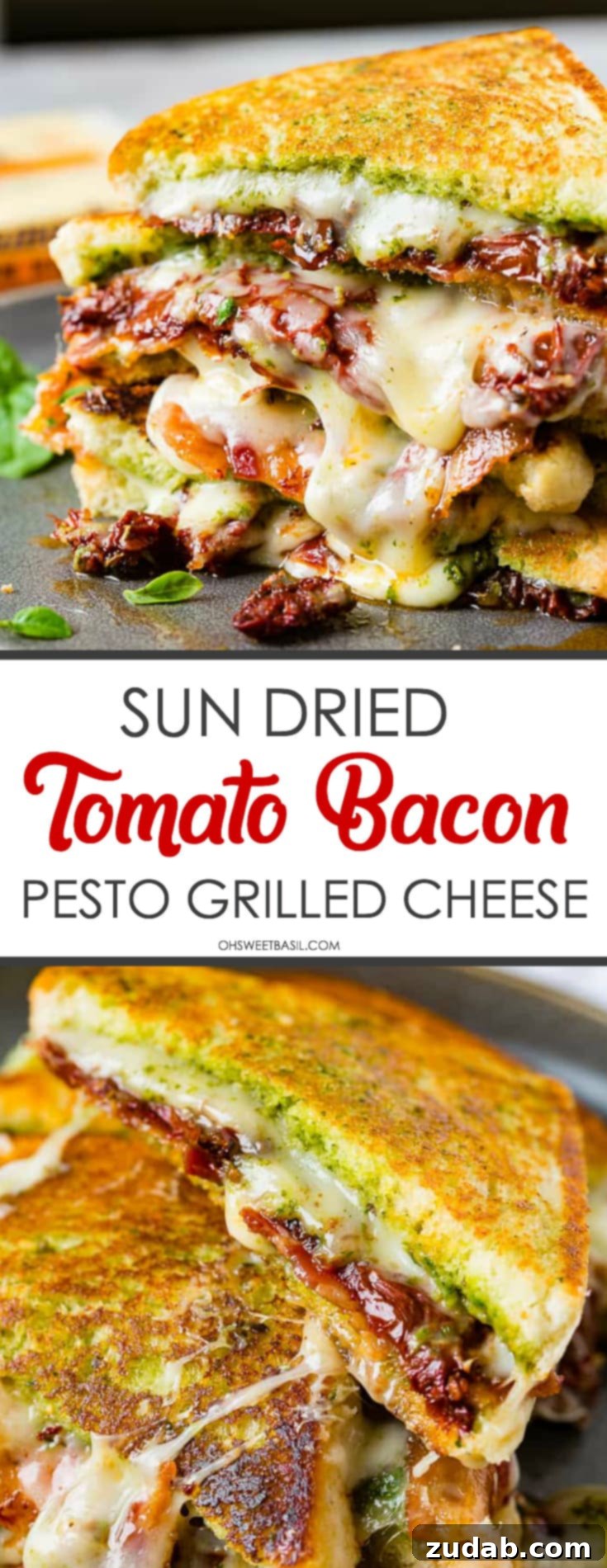 Two stacked Sun Dried Tomato Bacon Pesto Grilled Cheese sandwiches, garnished with fresh basil leaves