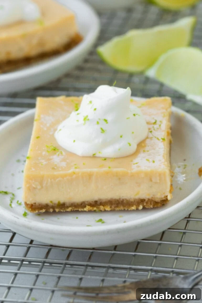 Zesty Key Lime Bars 2 A photo of one Key Lime Pie bar sitting on a small dessert plate. It is topped with a dollop of whipped cream and sprinkled with lime zest.