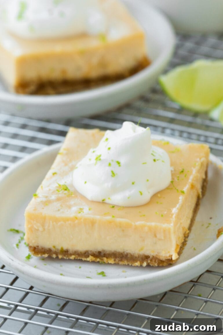 Zesty Key Lime Bars 5 A photo of a Key Lime Pie bar sitting on a small dessert plate.