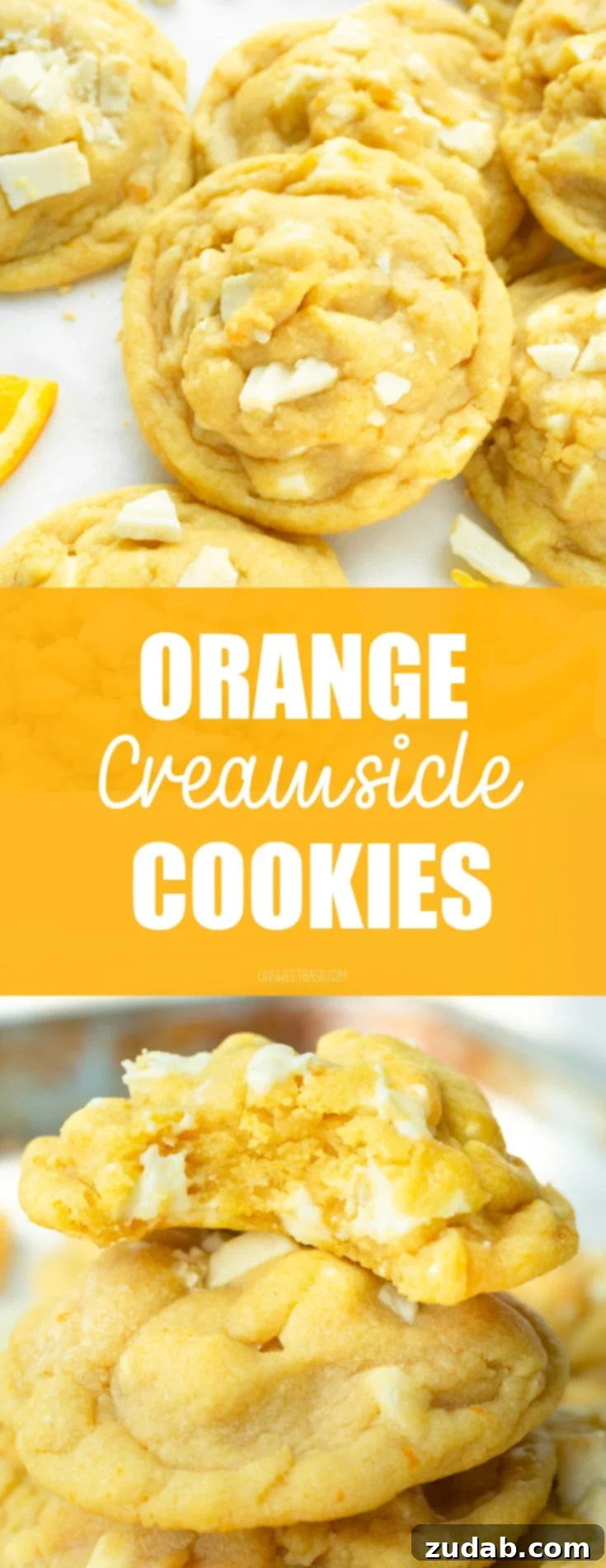 Zesty Orange Vanilla Swirls 3 a photo of a golden baked orange creamsicle cookie loaded with white chocolate chunks and surrounded by other cookies.