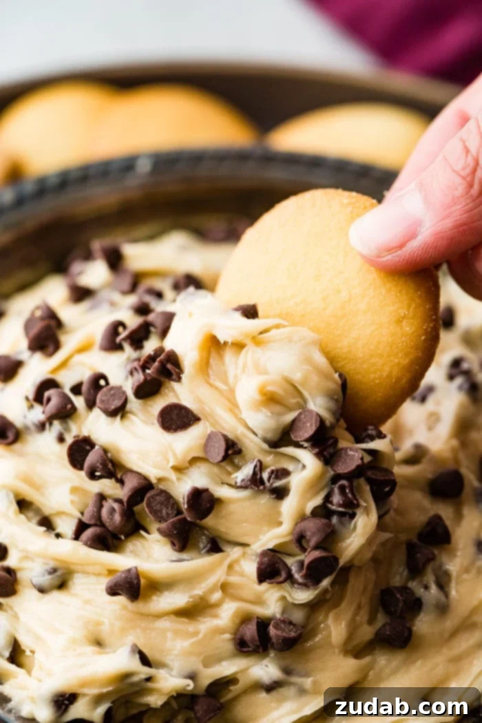 No-Bake Chocolate Chip Cookie Dough Dip 2 A metal bowl filled with creamy chocolate chip cookie dough dip, with a vanilla wafer scooping some up, ready to be enjoyed.