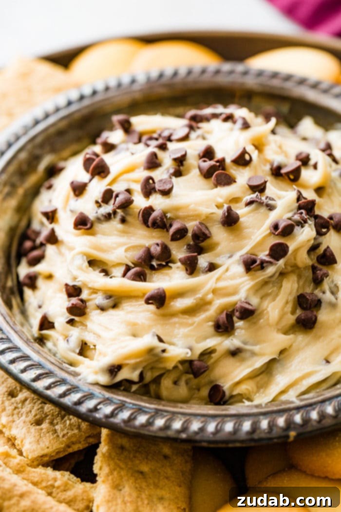 No-Bake Chocolate Chip Cookie Dough Dip 3 A close-up shot of a metal bowl brimming with smooth, inviting easy chocolate chip cookie dough dip, garnished with chocolate chips.