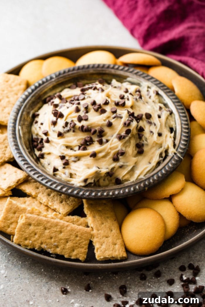 No-Bake Chocolate Chip Cookie Dough Dip 5 A metal bowl of easy chocolate chip cookie dough dip, artfully arranged with graham crackers and vanilla wafers around it, ready for dipping.