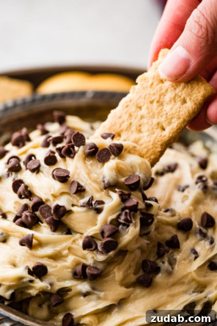 No-Bake Chocolate Chip Cookie Dough Dip 6 A top-down view of a metal bowl overflowing with rich, creamy chocolate chip cookie dough dip, ready to be served.