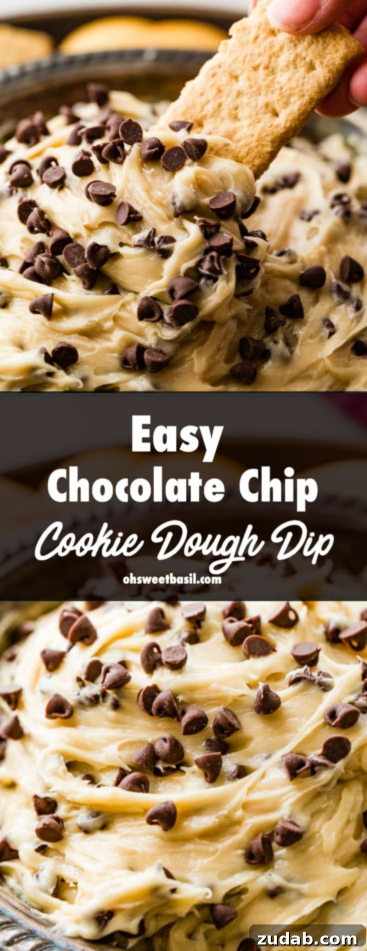 No-Bake Chocolate Chip Cookie Dough Dip 8 A large metal bowl full of easy chocolate chip cookie dough dip, with a vanilla wafer actively scooping a generous portion.