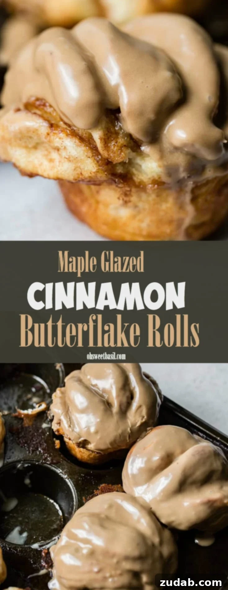 Irresistible Maple Glazed Cinnamon Butterflake Rolls 6 A close up of a cinnamon butterflake roll with maple glaze and a title
