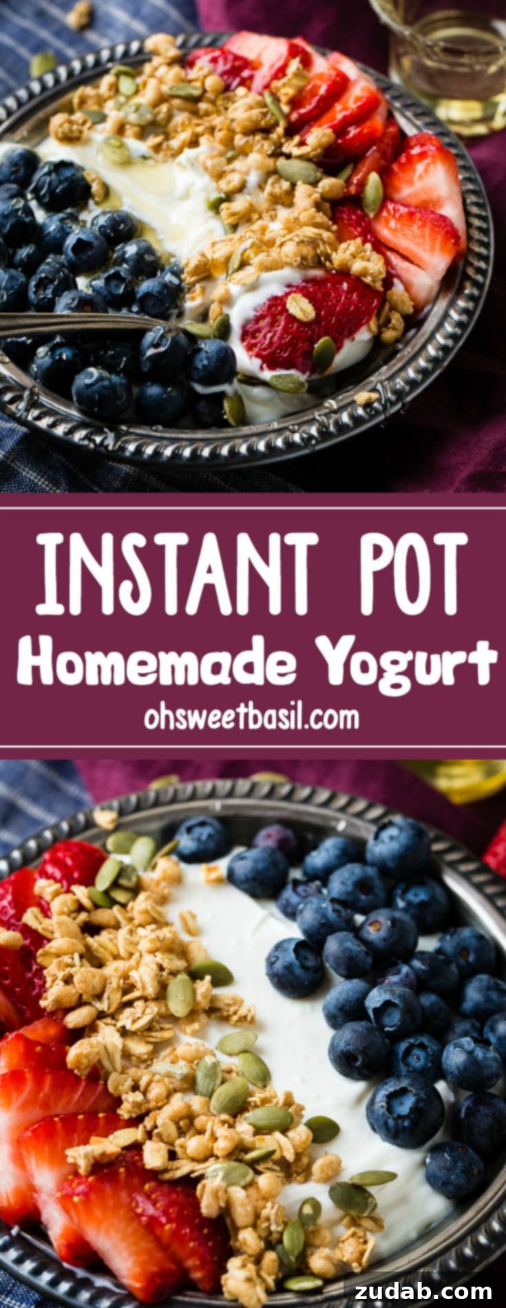 Homemade Instant Pot Yogurt 8 Bowl of instant pot homemade yogurt with fresh blueberries, strawberries, pepitas, granola and a drizzle of honey in a vintage bowl with blue and purple napkins.