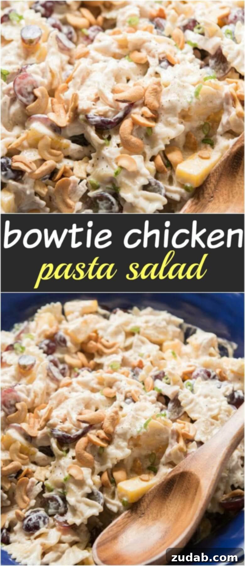 Bowtie chicken pasta salad is perfect for a BBQ. Creamy dressing, juicy pineapple and grapes, crunchy cashews and lots of chicken! Bowtie chicken pasta salad is perfect for a BBQ. Creamy dressing, juicy pineapple and grapes, crunchy cashews and lots of chicken! ohsweetbasil.com