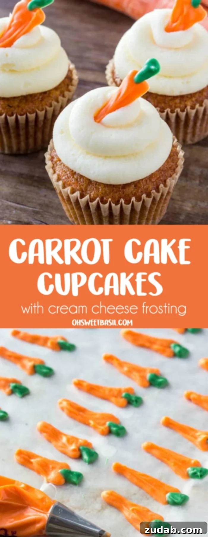Carrot Cake Cupcake with Candy Carrot Topper A beautifully frosted carrot cake cupcake with a delicate crumb coat, adorned with a charming piped candy carrot on top.