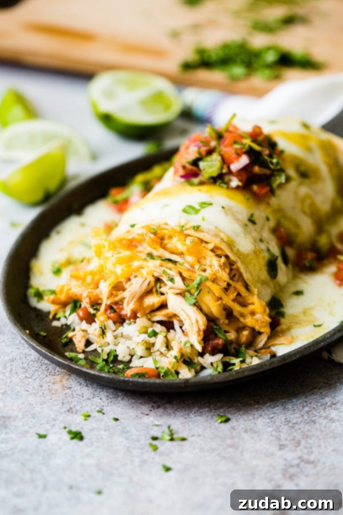 Zesty Honey-Lime Smothered Chicken Burritos 3 A close-up of a golden-brown chicken burrito, generously smothered in a vibrant green salsa verde sauce and melted cheese. Fresh cilantro and lime slices garnish the dish, emphasizing the zesty flavors.