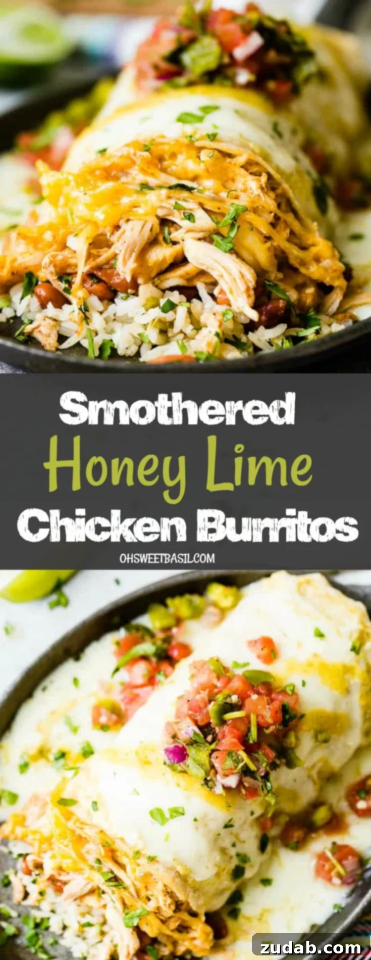 Zesty Honey-Lime Smothered Chicken Burritos 7 A close-up shot of a chicken burrito generously filled with rice and beans, and topped with a luscious layer of melted cheese, vibrant salsa, and a sprinkle of fresh cilantro. The rich colors and textures make it irresistibly appealing.